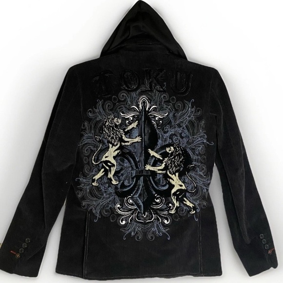 Toku Black Corduroy Hooded Jacket Coat Satin Dragon Liner Painted Lions Mens S - Picture 1 of 12